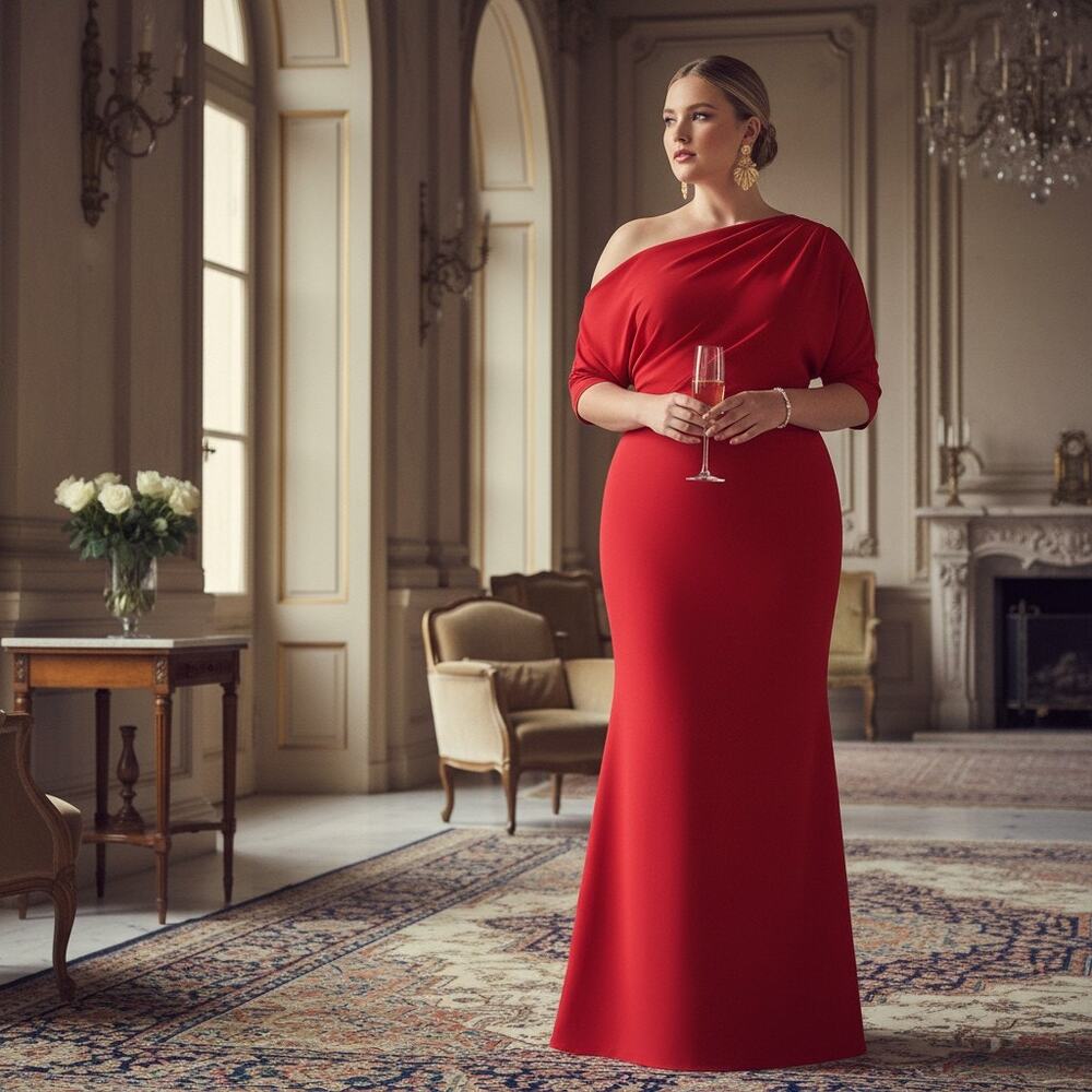 Betsy & Adam One‑Shoulder Red Evening Gown Size 22W NWT